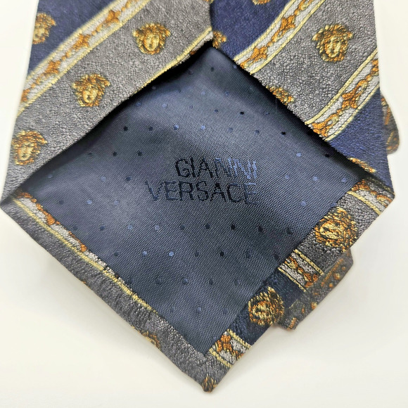 Gianni Versace Vintage Silk Medusa Tie Navy Gray Gold - Picture 6 of 10